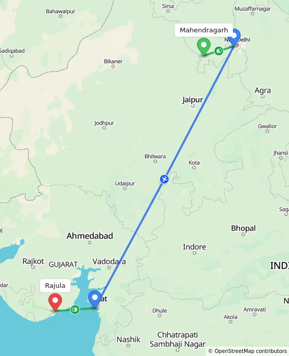 Route map showing distance and travel time from Mahendragarh, India to Rajula, India