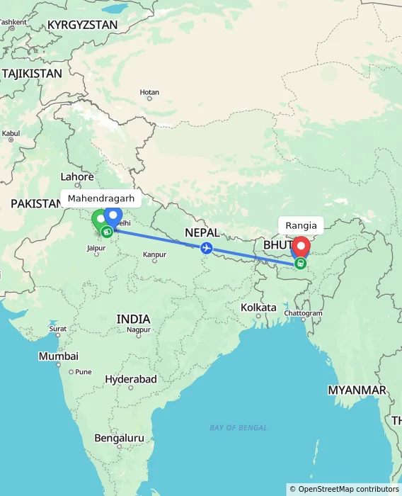 Route map showing distance and travel time from Mahendragarh, India to Rangia, India