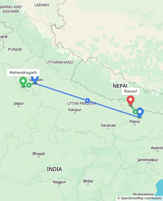 Route map showing distance and travel time from Mahendragarh, India to Raxaul, India