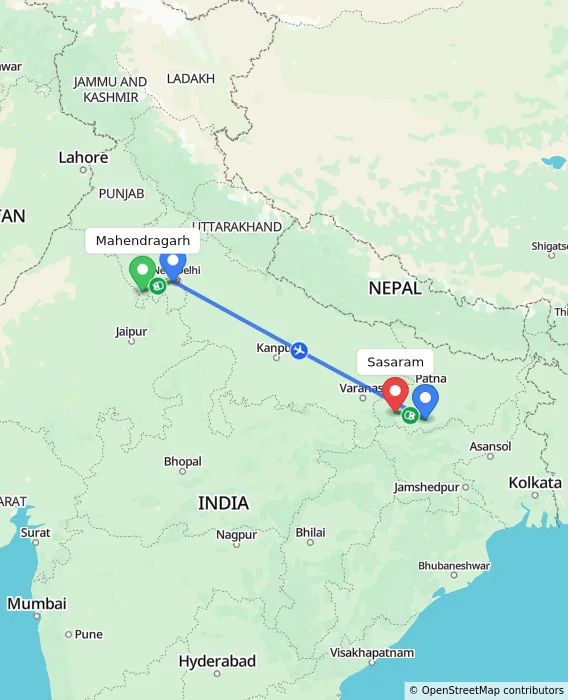 Route map showing distance and travel time from Mahendragarh, India to Sasaram, India