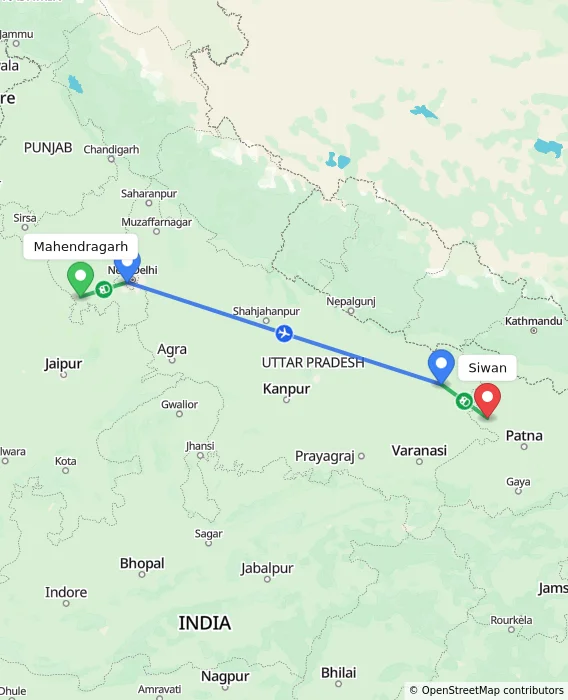 Route map showing distance and travel time from Mahendragarh, India to Siwan, India