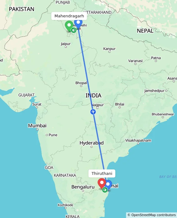 Route map showing distance and travel time from Mahendragarh, India to Thiruthani, India