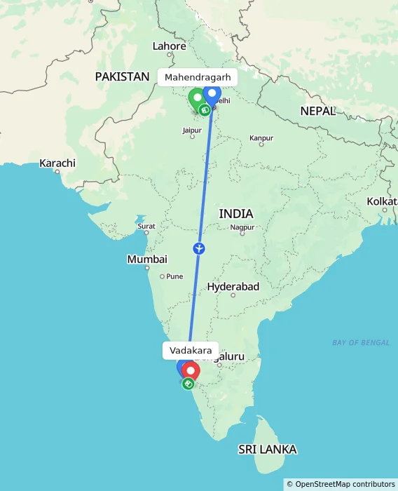Route map showing distance and travel time from Mahendragarh, India to Vadakara, India