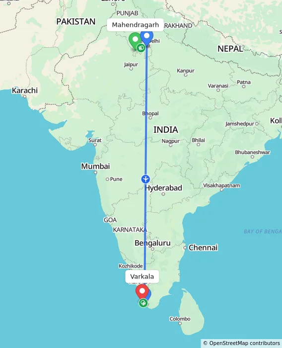 Route map showing distance and travel time from Mahendragarh, India to Varkala, India