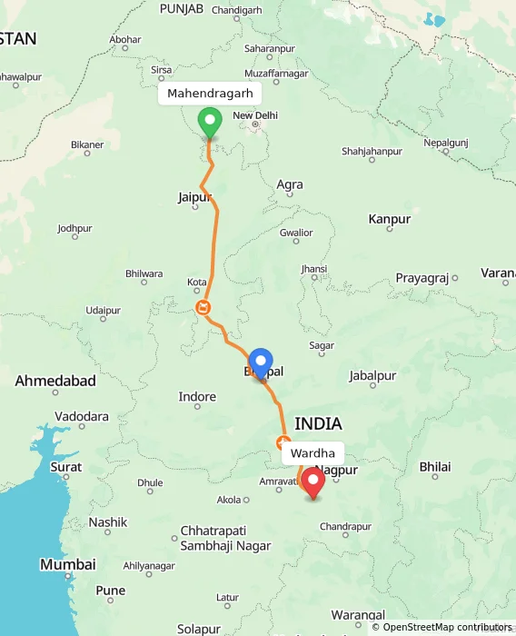 Route map showing distance and travel time from Mahendragarh, India to Wardha, India