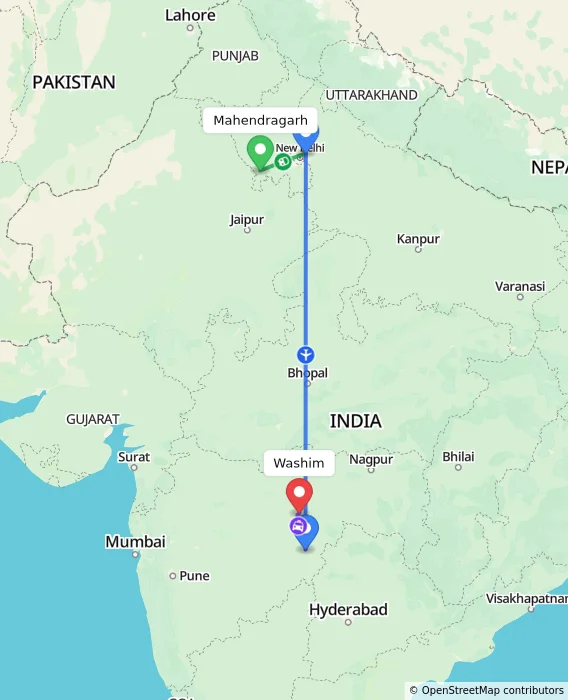 Route map showing distance and travel time from Mahendragarh, India to Washim, India
