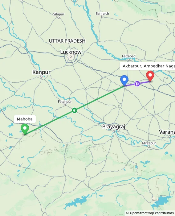 Route map showing distance and travel time from Mahoba, India to Akbarpur, Ambedkar Nagar, India