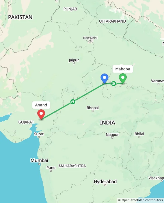 Route map showing distance and travel time from Mahoba, India to Anand, India