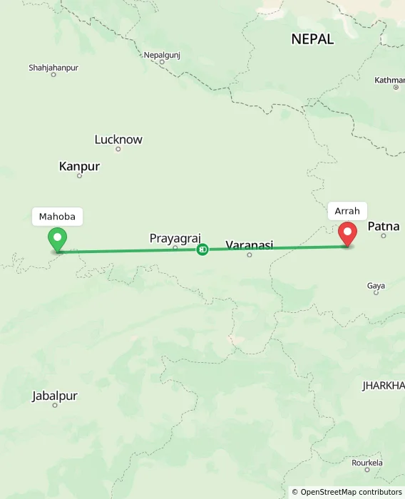 Route map showing distance and travel time from Mahoba, India to Arrah, India
