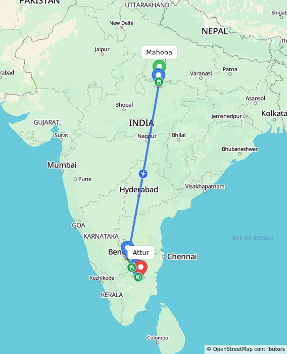 Route map showing distance and travel time from Mahoba, India to Attur, India