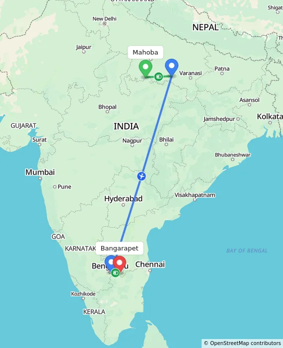 Route map showing distance and travel time from Mahoba, India to Bangarapet, India