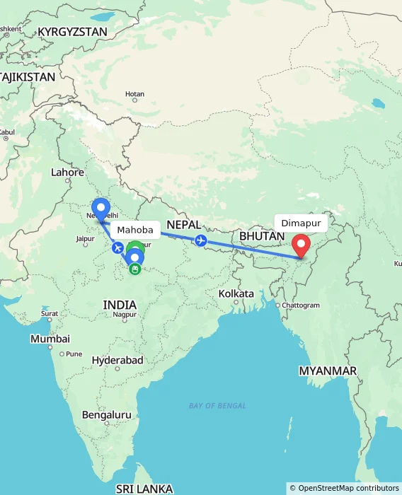 Route map showing distance and travel time from Mahoba, India to Dimapur, India