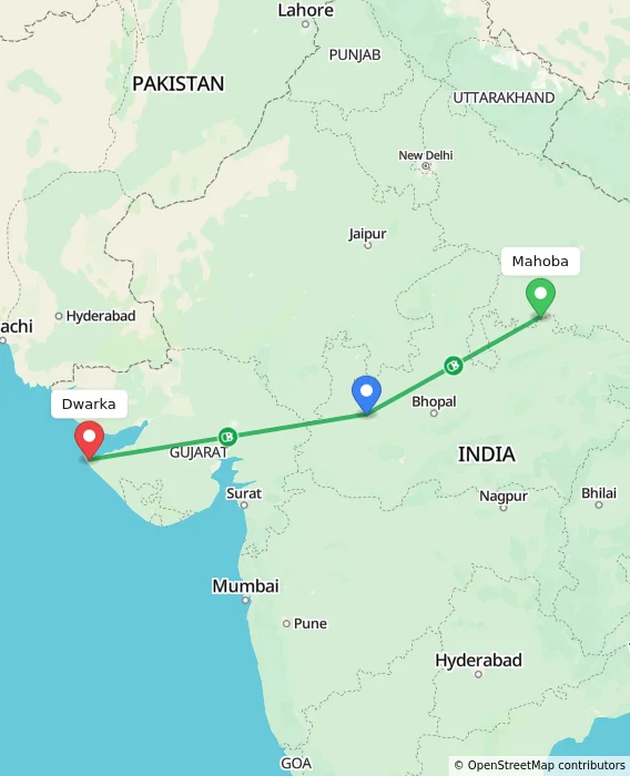 Route map showing distance and travel time from Mahoba, India to Dwarka, India