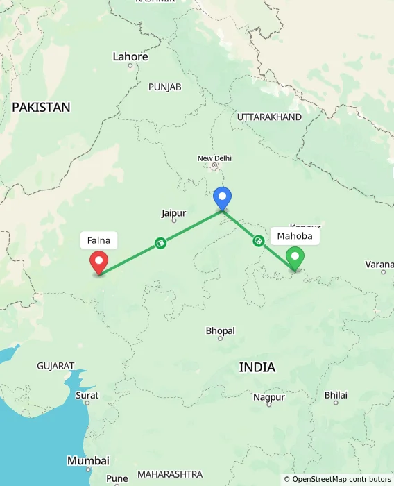 Route map showing distance and travel time from Mahoba, India to Falna, India