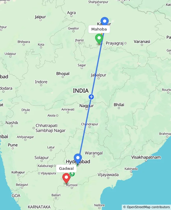 Route map showing distance and travel time from Mahoba, India to Gadwal, India