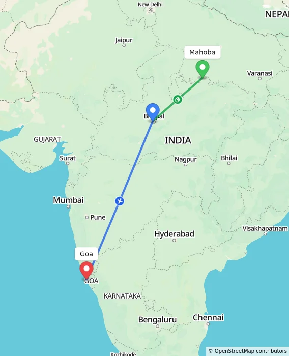 Route map showing distance and travel time from Mahoba, India to Goa, India