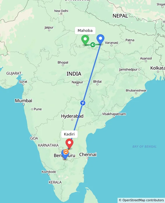 Route map showing distance and travel time from Mahoba, India to Kadiri, India