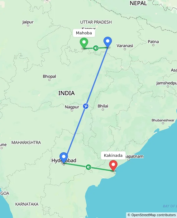 Route map showing distance and travel time from Mahoba, India to Kakinada, India