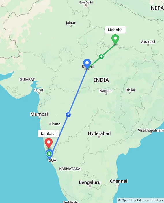 Route map showing distance and travel time from Mahoba, India to Kankavli, India