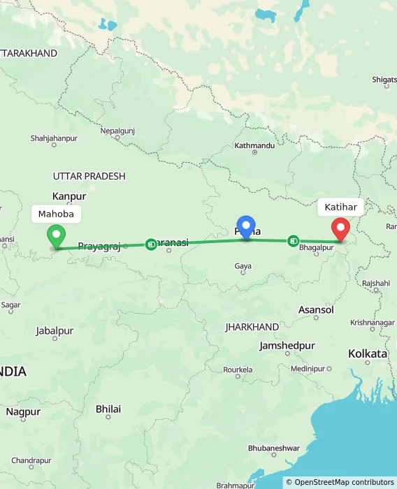 Route map showing distance and travel time from Mahoba, India to Katihar, India