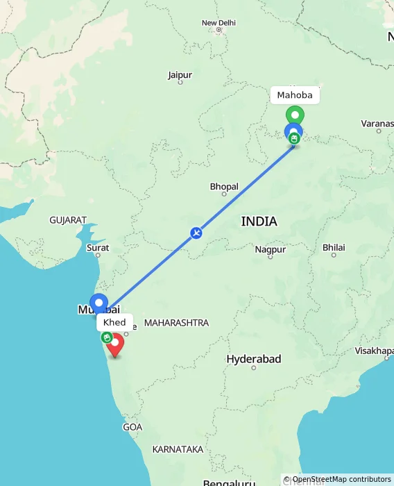 Route map showing distance and travel time from Mahoba, India to Khed, India