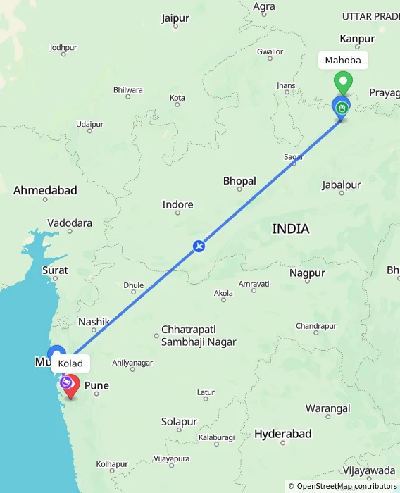 Route map showing distance and travel time from Mahoba, India to Kolad, India