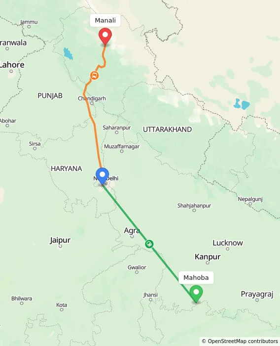 Route map showing distance and travel time from Mahoba, India to Manali, India