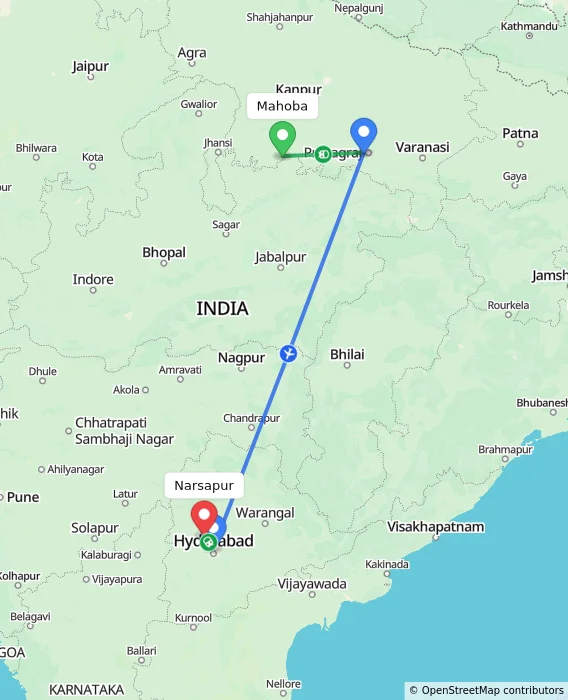 Route map showing distance and travel time from Mahoba, India to Narsapur, India