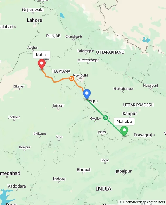 Route map showing distance and travel time from Mahoba, India to Nohar, India