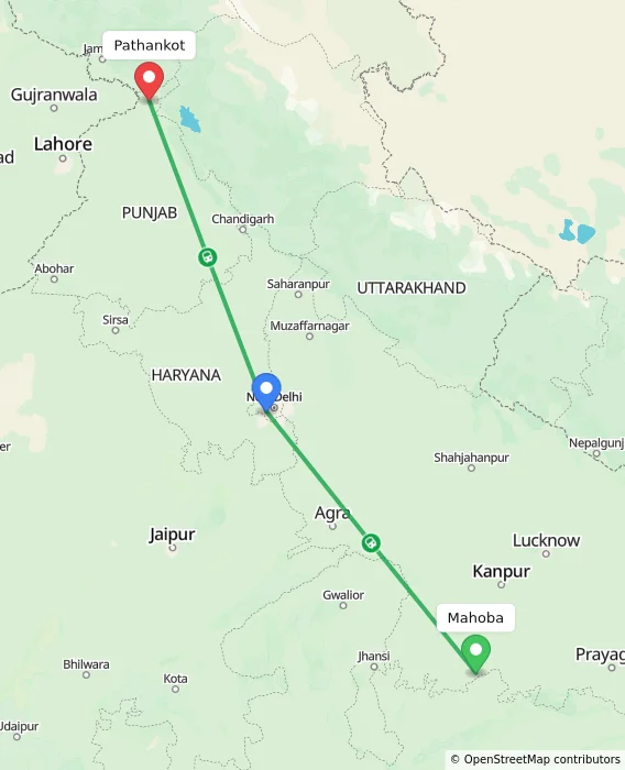 Route map showing distance and travel time from Mahoba, India to Pathankot, India