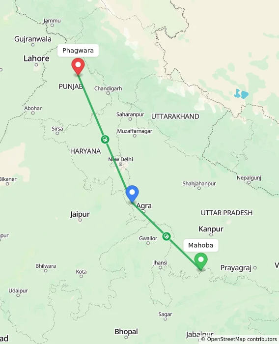 Route map showing distance and travel time from Mahoba, India to Phagwara, India