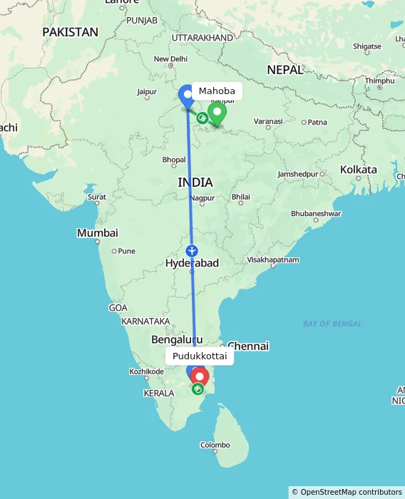 Route map showing distance and travel time from Mahoba, India to Pudukkottai, India