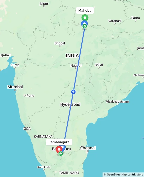 Route map showing distance and travel time from Mahoba, India to Ramanagara, India