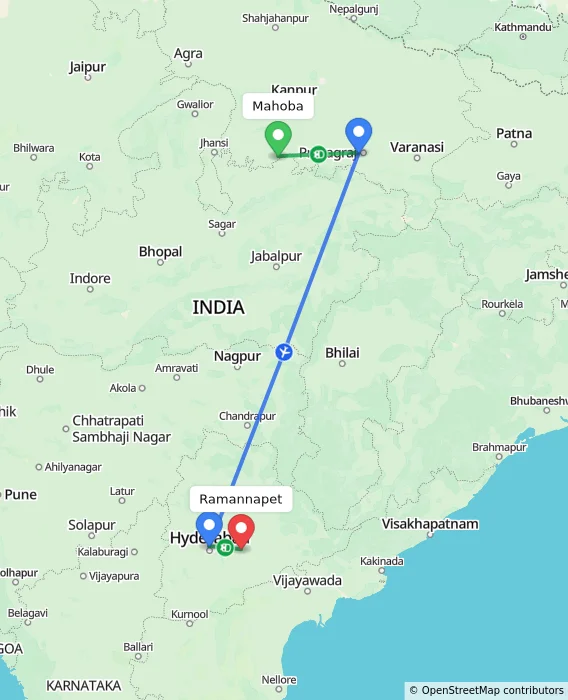 Route map showing distance and travel time from Mahoba, India to Ramannapet, India