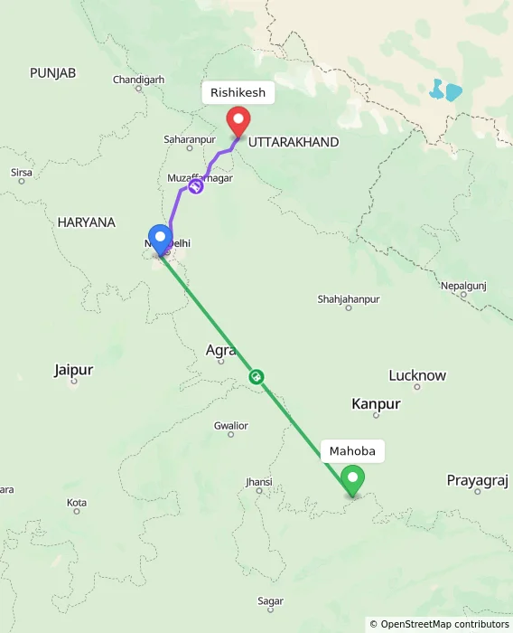 Route map showing distance and travel time from Mahoba, India to Rishikesh, India