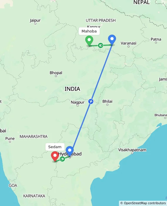 Route map showing distance and travel time from Mahoba, India to Sedam, India