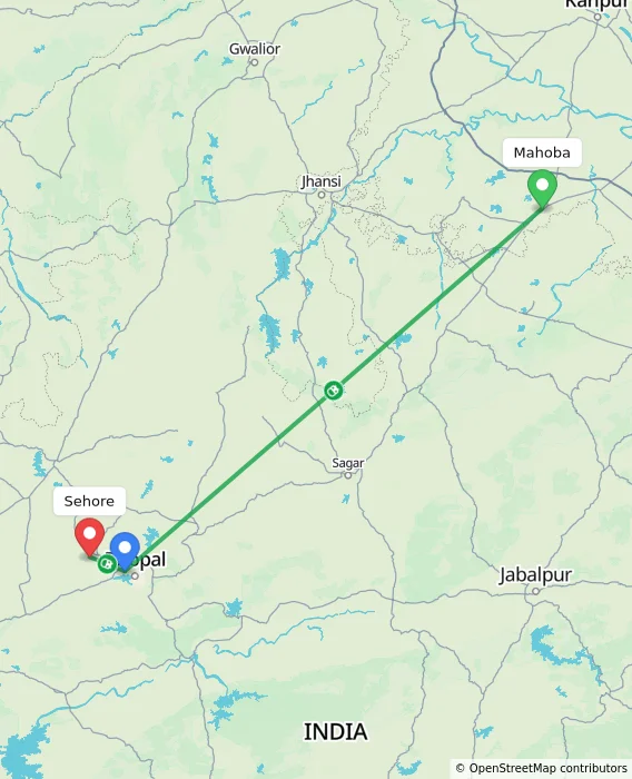 Route map showing distance and travel time from Mahoba, India to Sehore, India
