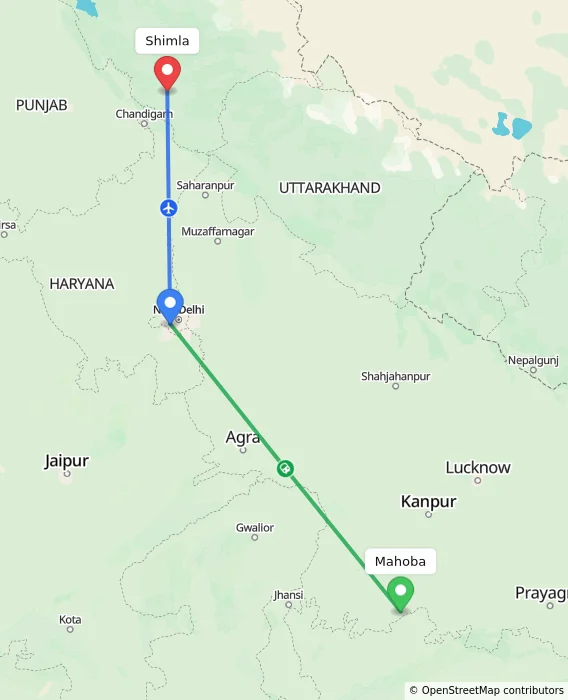 Route map showing distance and travel time from Mahoba, India to Shimla, India