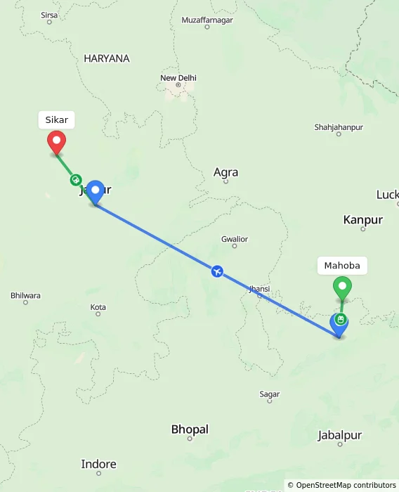 Route map showing distance and travel time from Mahoba, India to Sikar, India