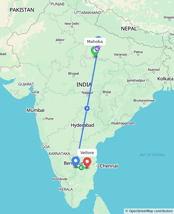 Route map showing distance and travel time from Mahoba, India to Vellore, India
