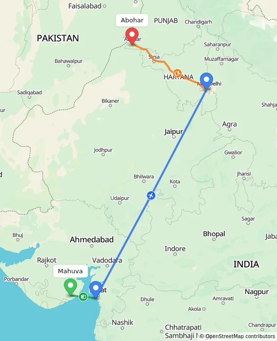 Route map showing distance and travel time from Mahuva, India to Abohar, India