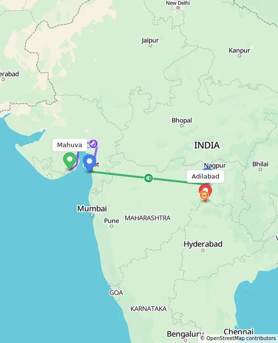 Route map showing distance and travel time from Mahuva, India to Adilabad, India