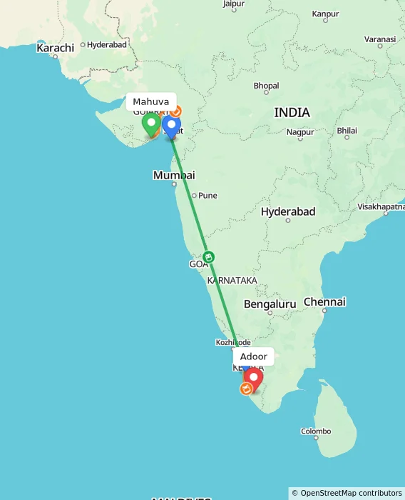 Route map showing distance and travel time from Mahuva, India to Adoor, India