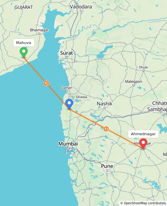 Route map showing distance and travel time from Mahuva, India to Ahmednagar, India