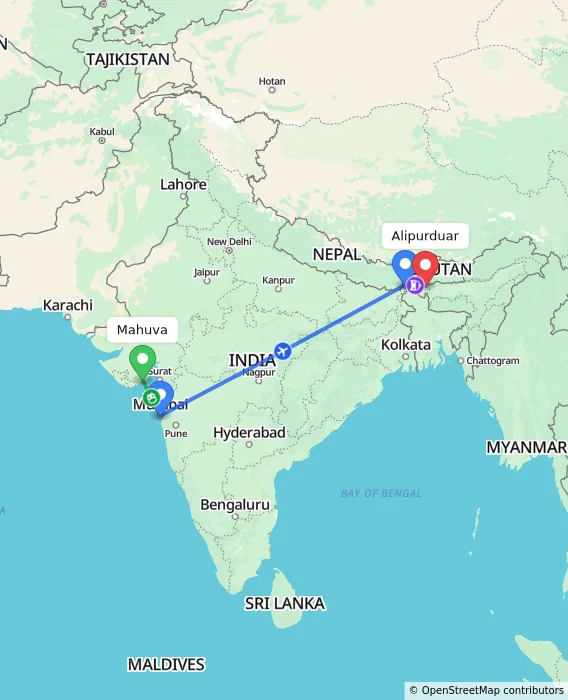 Route map showing distance and travel time from Mahuva, India to Alipurduar, India