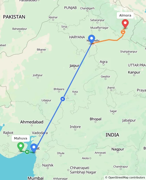 Route map showing distance and travel time from Mahuva, India to Almora, India