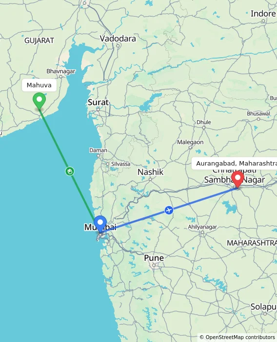 Route map showing distance and travel time from Mahuva, India to Aurangabad, Maharashtra, India