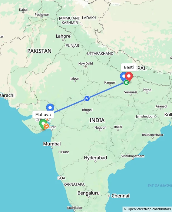 Route map showing distance and travel time from Mahuva, India to Basti, India