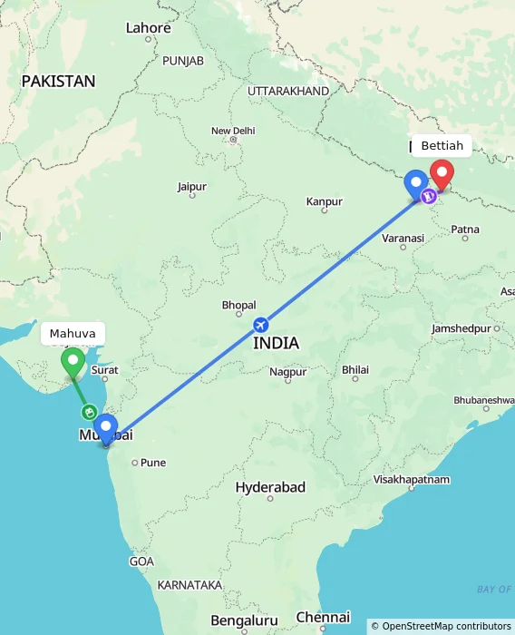 Route map showing distance and travel time from Mahuva, India to Bettiah, India