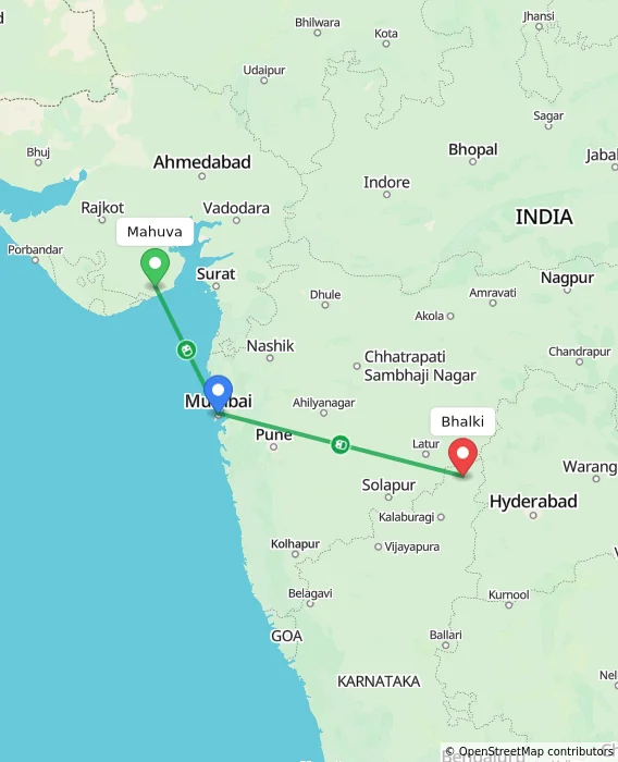 Route map showing distance and travel time from Mahuva, India to Bhalki, India
